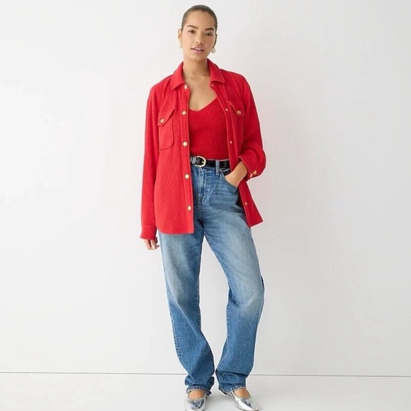 NWT J. Crew Womens Holiday Red Waffle Knit Snap Front Shacket Sz M Shirt Jacket - Picture 1 of 16
